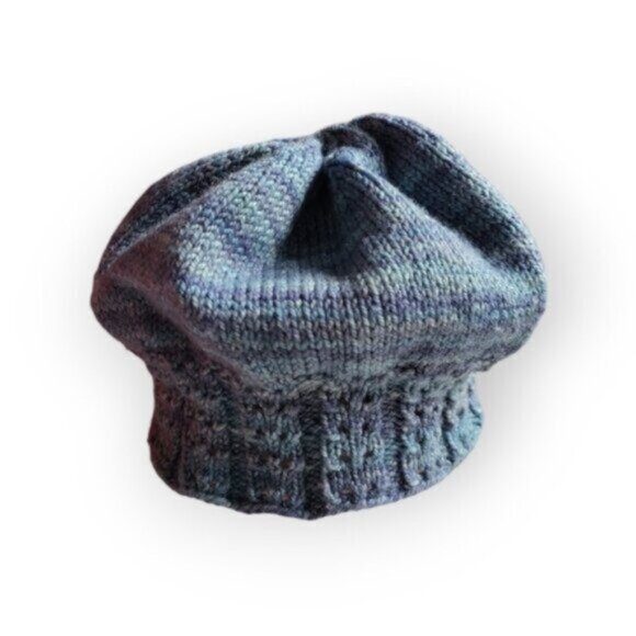 Handknit Twisted Brim Slouchy Hat  Blue Ombre Cotton - Picture 2 of 8